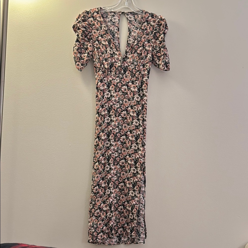 Abercrombie & Fitch Black Floral Midi Dress with Pink and White Blossoms